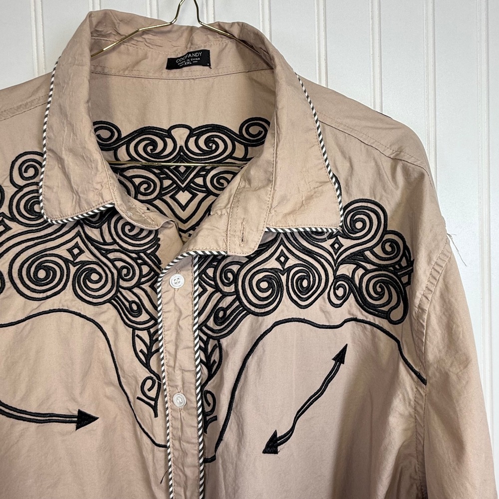 COOFANDY Men XXL Tan Western Cowboy Black Embroidery Long Sleeve Button Up Shirt